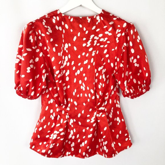 2 Piece Set TopShop Dalmatian Spot Pleated V-Neck Puff Sleeve Blouse Mini Skirt - Picture 10 of 13
